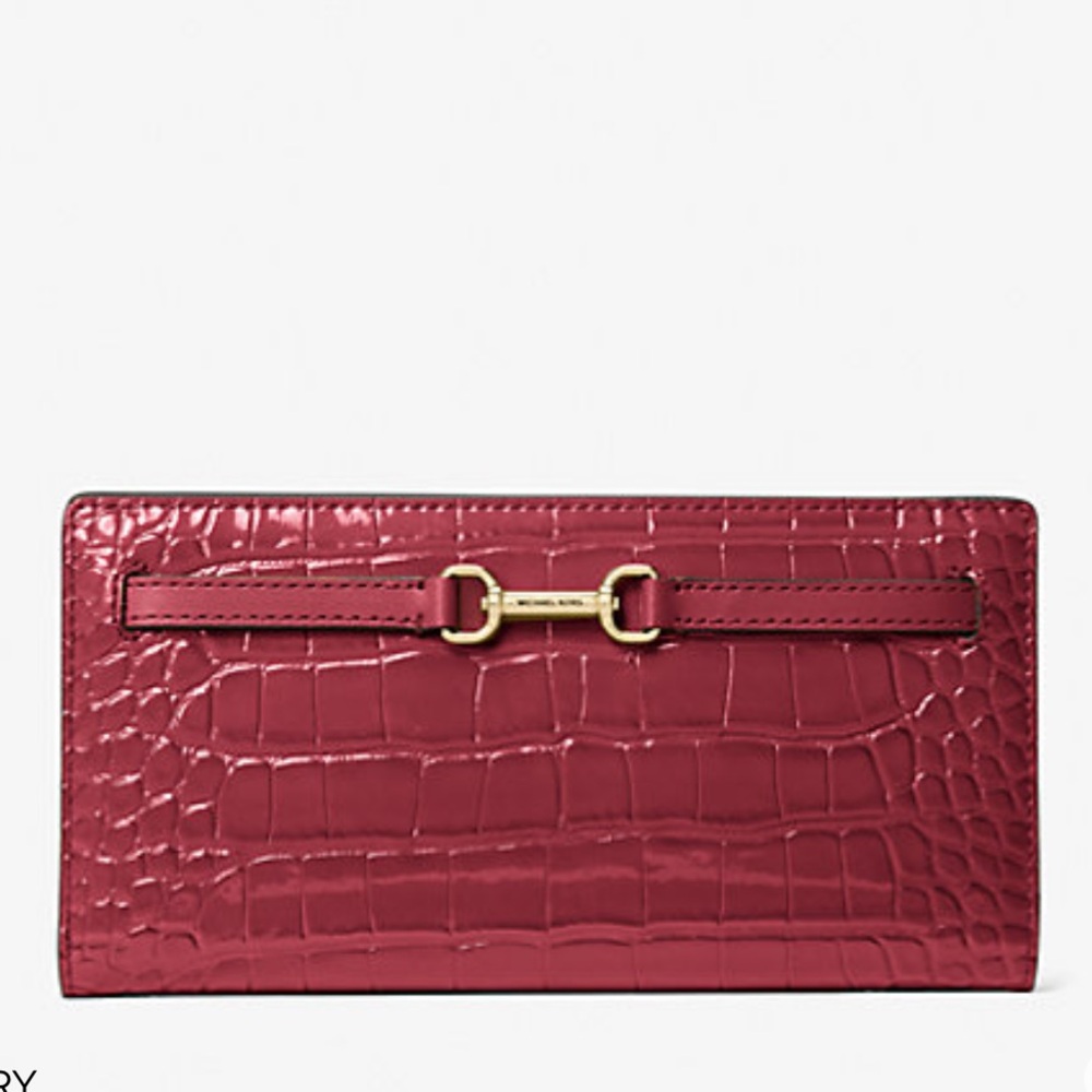 MICHAEL KORS Carson Large Snap Crocodile Embossed Bifold Wallet
Cherry 
NWT